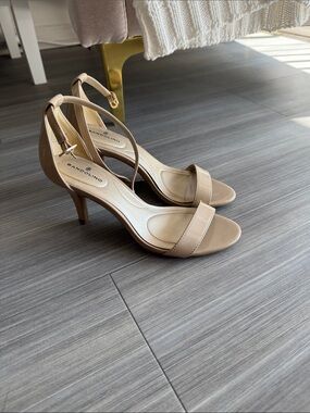Bandolino Madia Beige Open-Toe Ankle-Strap 3” Mid Heels